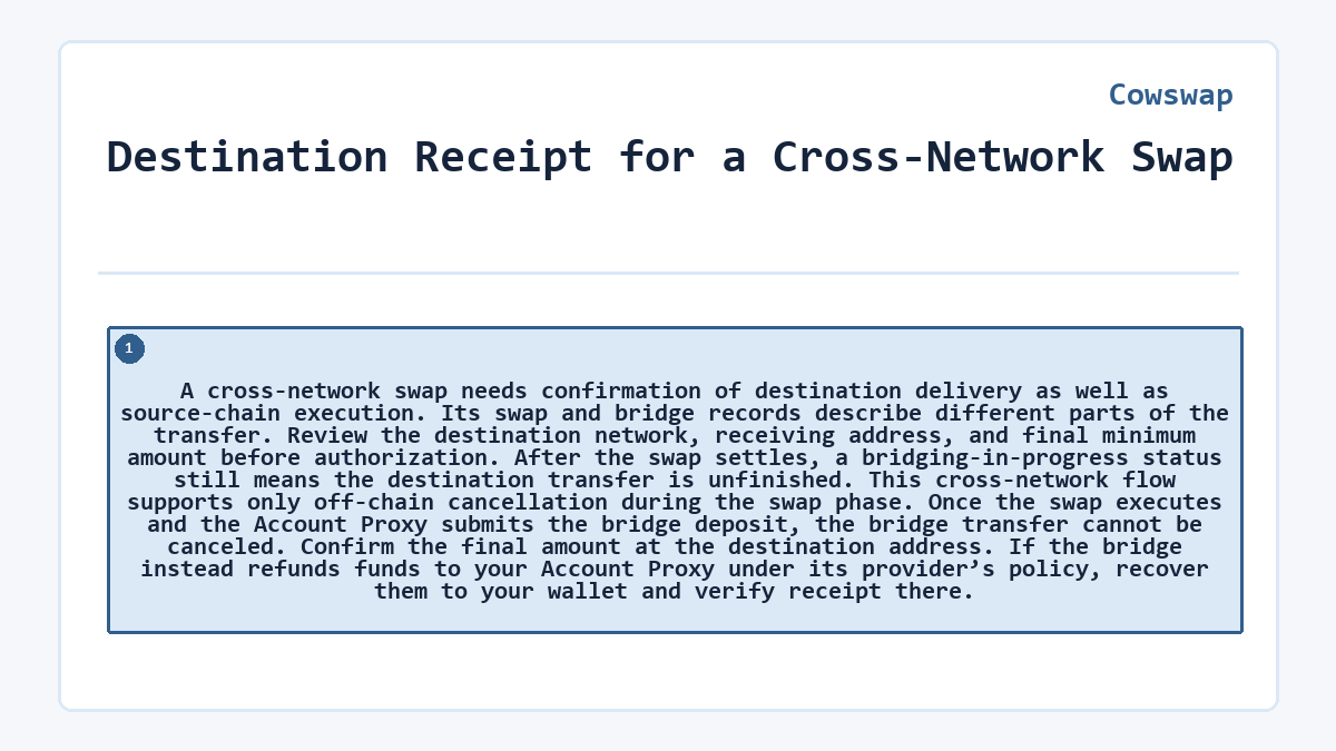 Destination Receipt for a Cross-Network Swap: A cross-network swap needs confirmation of destination delivery as well as source-chain execution. Its swap and bridge records describe different parts of the transfer. Review the destination network, receiving address, and final minimum amount before authorization. After the swap settles, a bridging-in-progress status still means the destination transfer is unfinished. This cross-network flow supports only off-chain cancellation during the swap phase. Once the swap executes and the Account Proxy submits the bridge deposit, the bridge transfer cannot be canceled. Confirm the final amount at the destination address. If the bridge instead refunds funds to your Account Proxy under its provider’s policy, recover them to your wallet and verify receipt there.